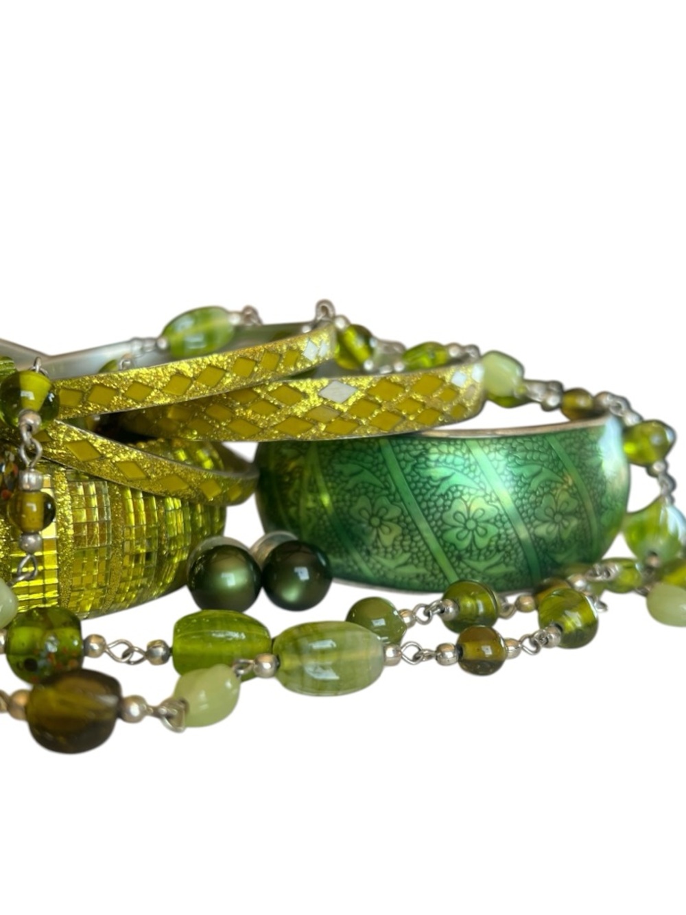 8 Piece Green Jewelry Lot Beaded Necklace Earrings Bangle Bracelets - Picture 2 of 12